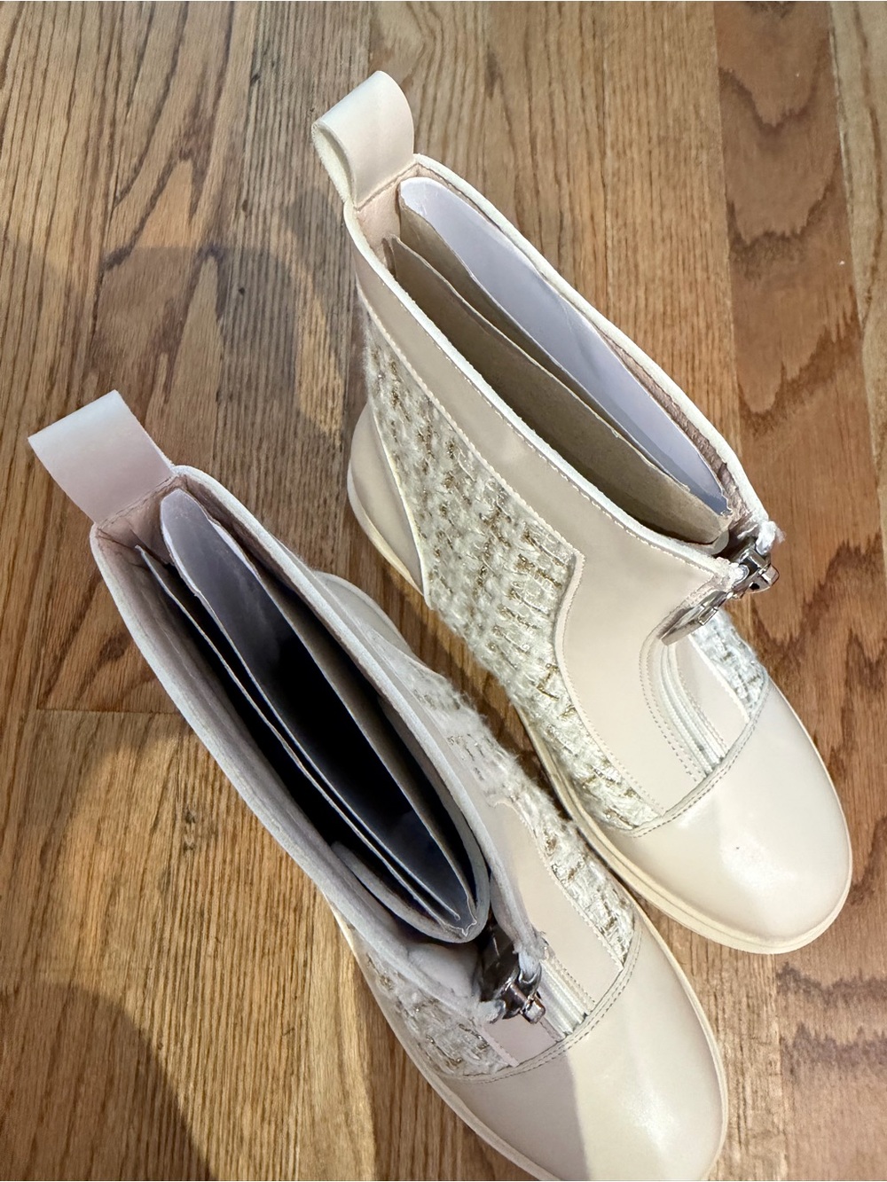 Cream Tweed Panel Ankle Booties with Front Zip Trim